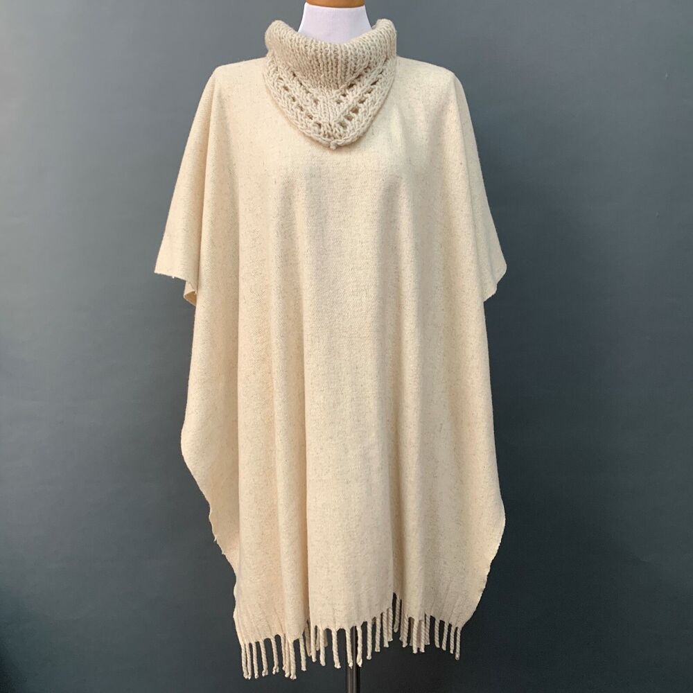 Women's Wool Poncho One Size Natural Beige Fringe Shawl Collar Wool